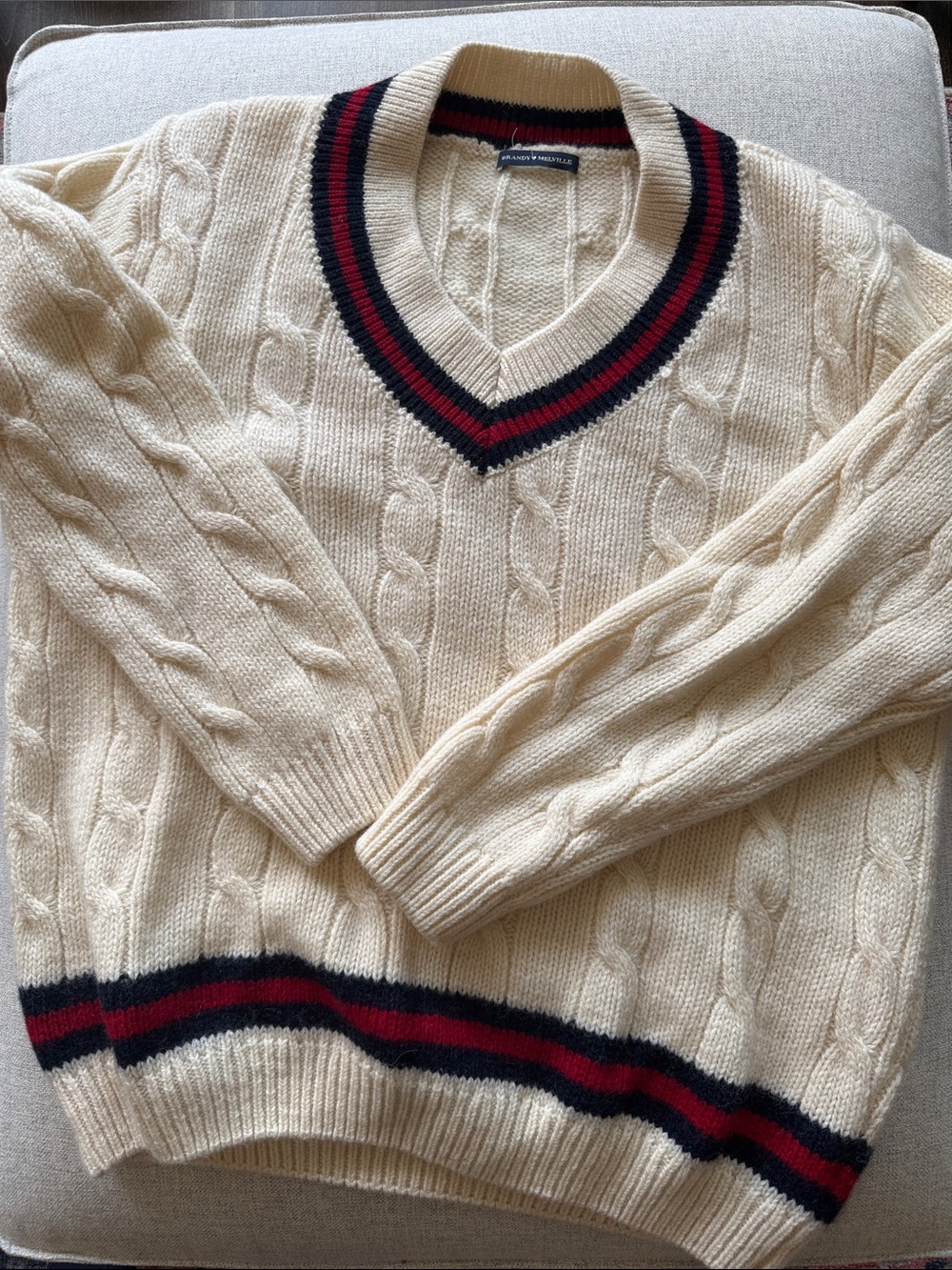 Brandy Melville - Cream Cable-Knit V-Neck Sweater with Navy & Red Trim